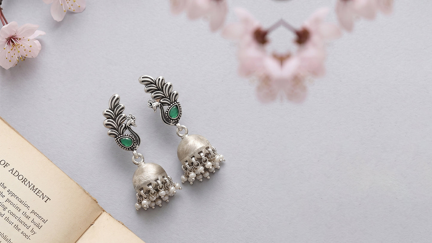 Sangeeta Boochra Peacock Charm Oxidised Silver Earrings
