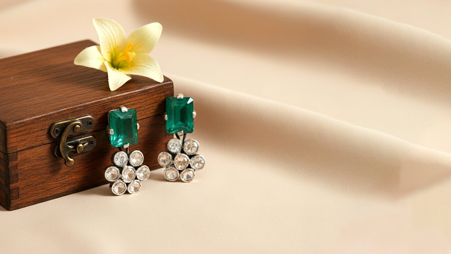Sangeeta Boochra Green Stone & Polki Flower Silver Earrings