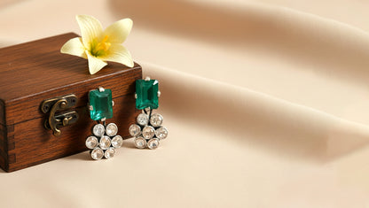 Sangeeta Boochra Green Stone & Polki Flower Silver Earrings