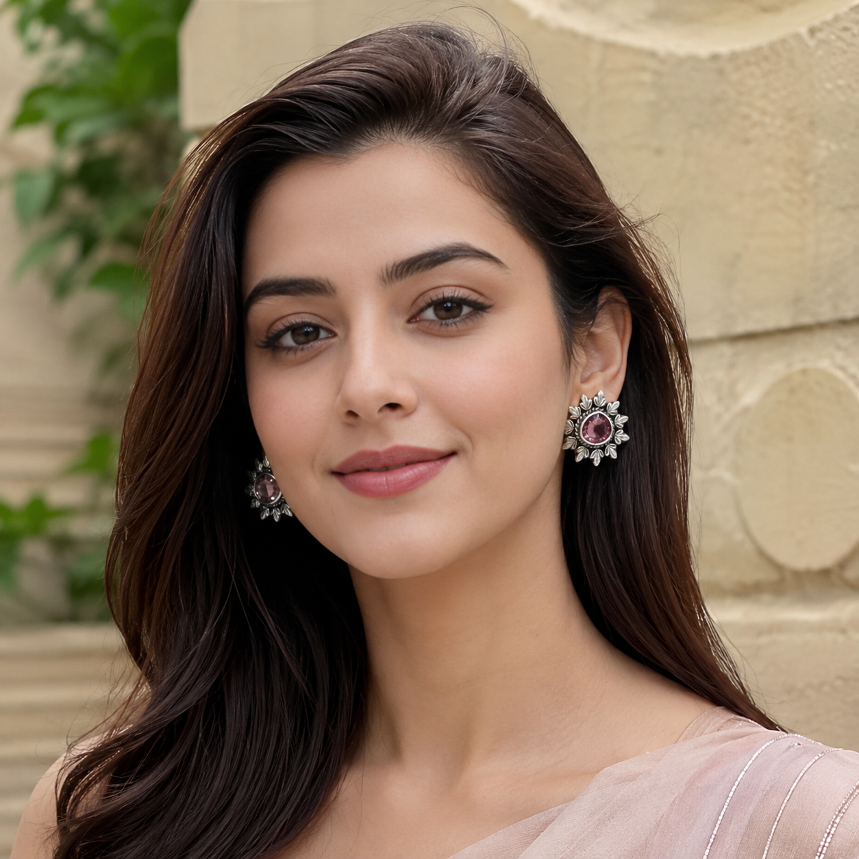 Oxidised Silver Flower Studs with Pink Stone – Sangeeta Boochra