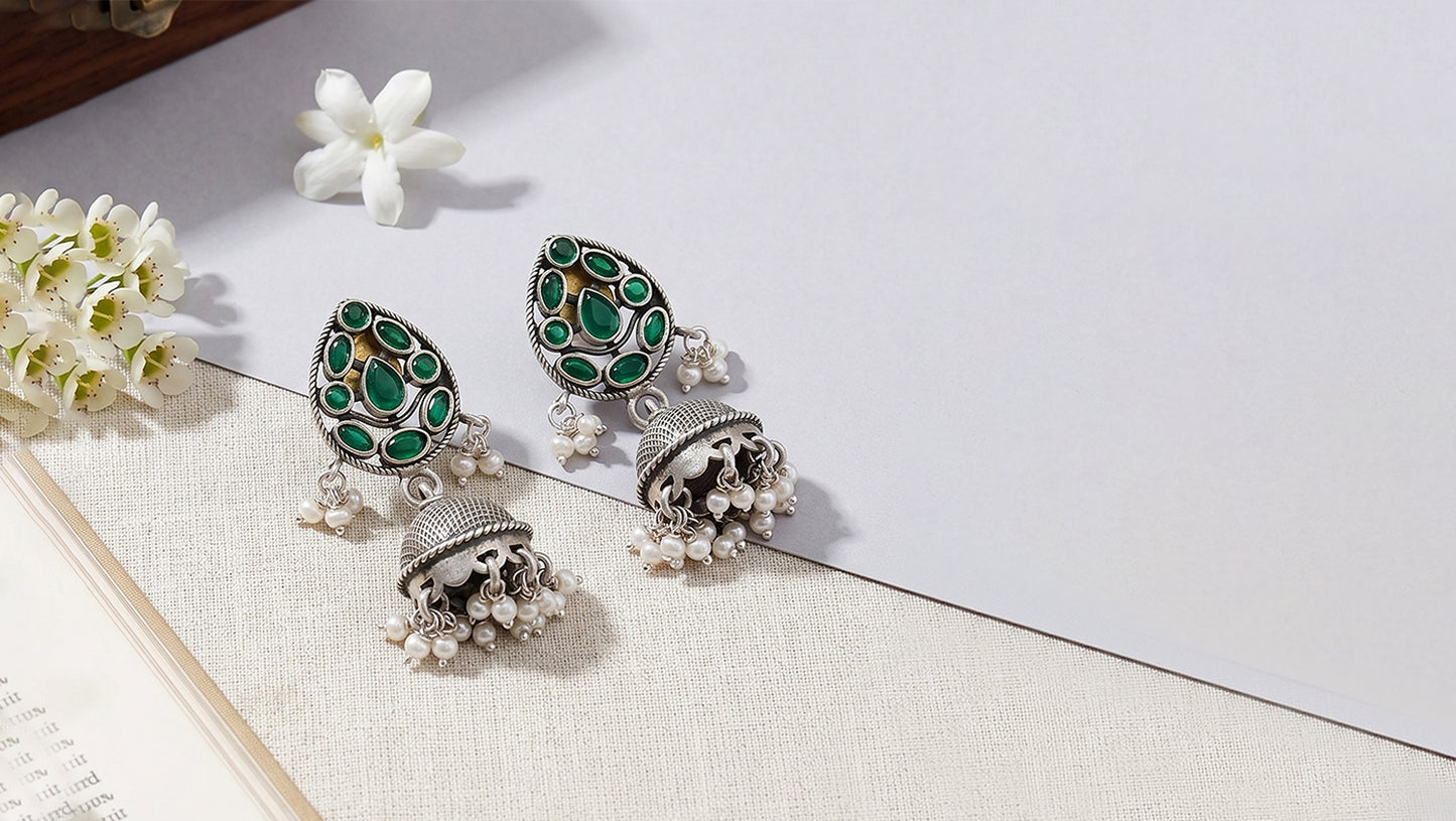 Sangeeta Boochra Handcrafted Green Stone & Pearl Silver Jhumkas
