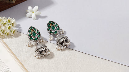 Sangeeta Boochra Handcrafted Green Stone & Pearl Silver Jhumkas