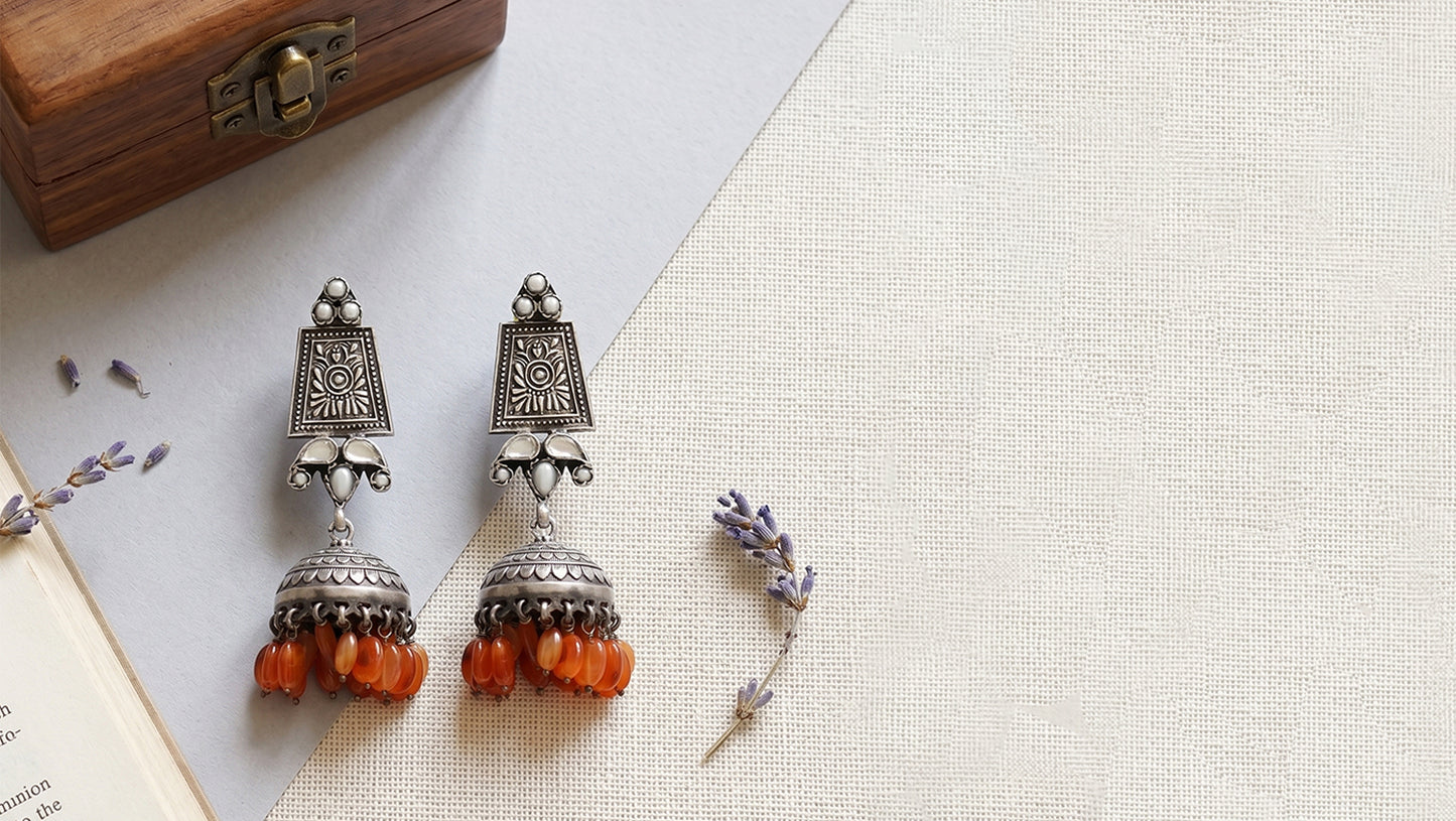 Sangeeta Boochra Heritage Oxidised Silver Earrings with Orange Hanging Beads