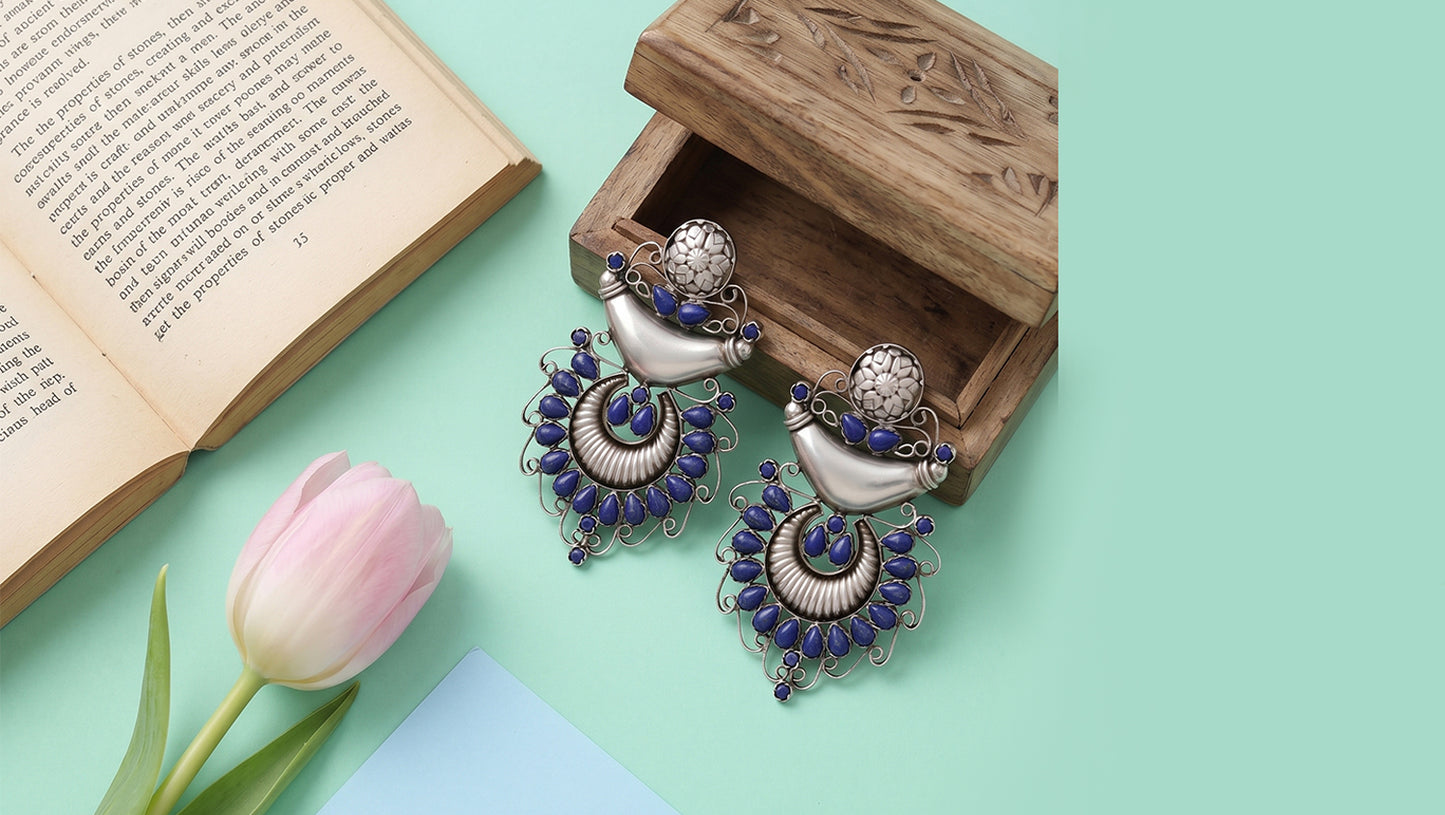 Sangeeta Boochra Handcrafted Oxidised Silver Earrings with Lapis Stone