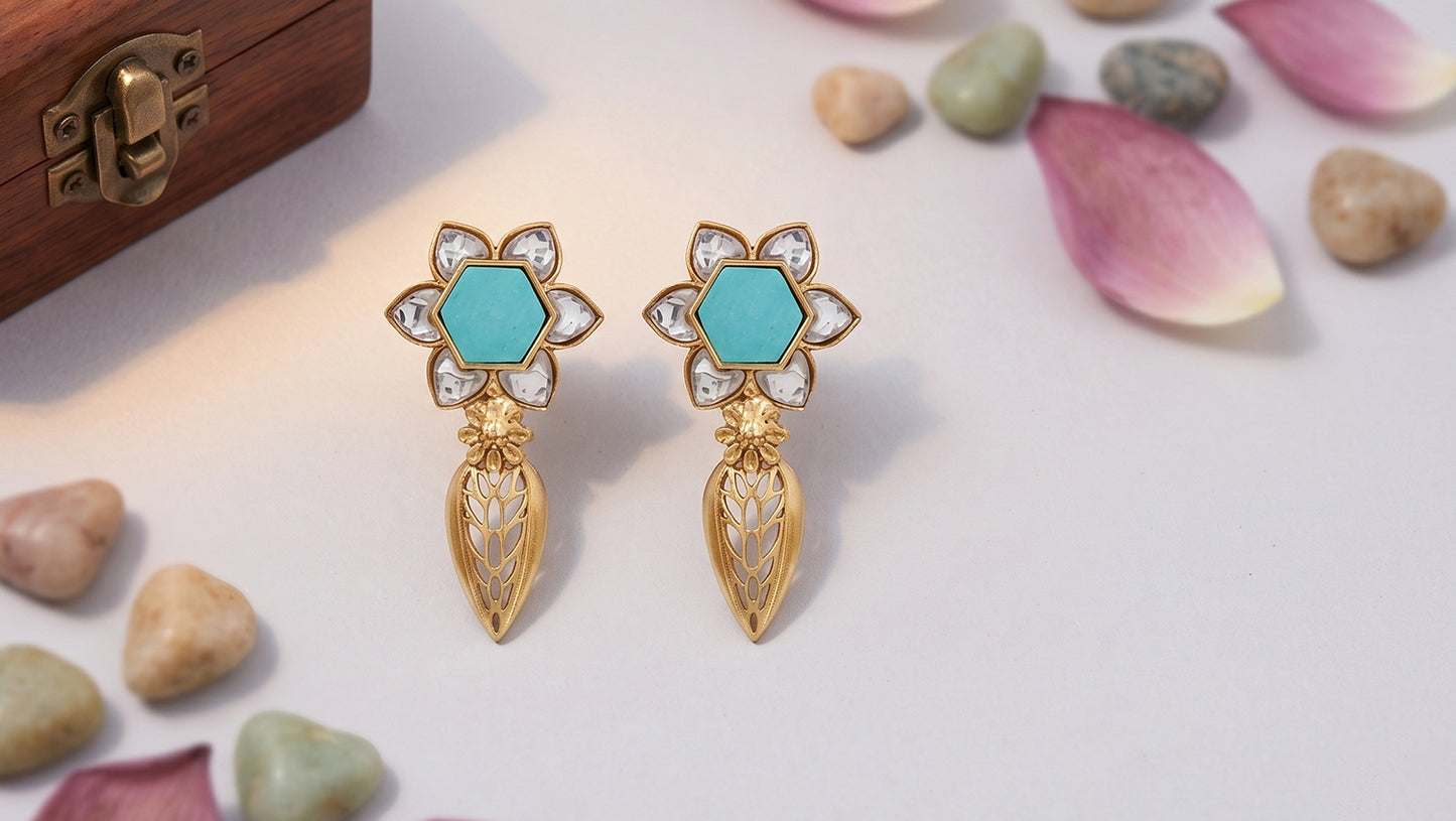 Sangeeta Boochra Designer Gold Plated Silver Floral Earrings with White Kundan and Turquoise Stone