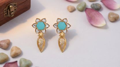 Sangeeta Boochra Designer Gold Plated Silver Floral Earrings with White Kundan and Turquoise Stone