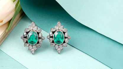 Sangeeta Boochra Regal Green Stone Oxidised Earrings