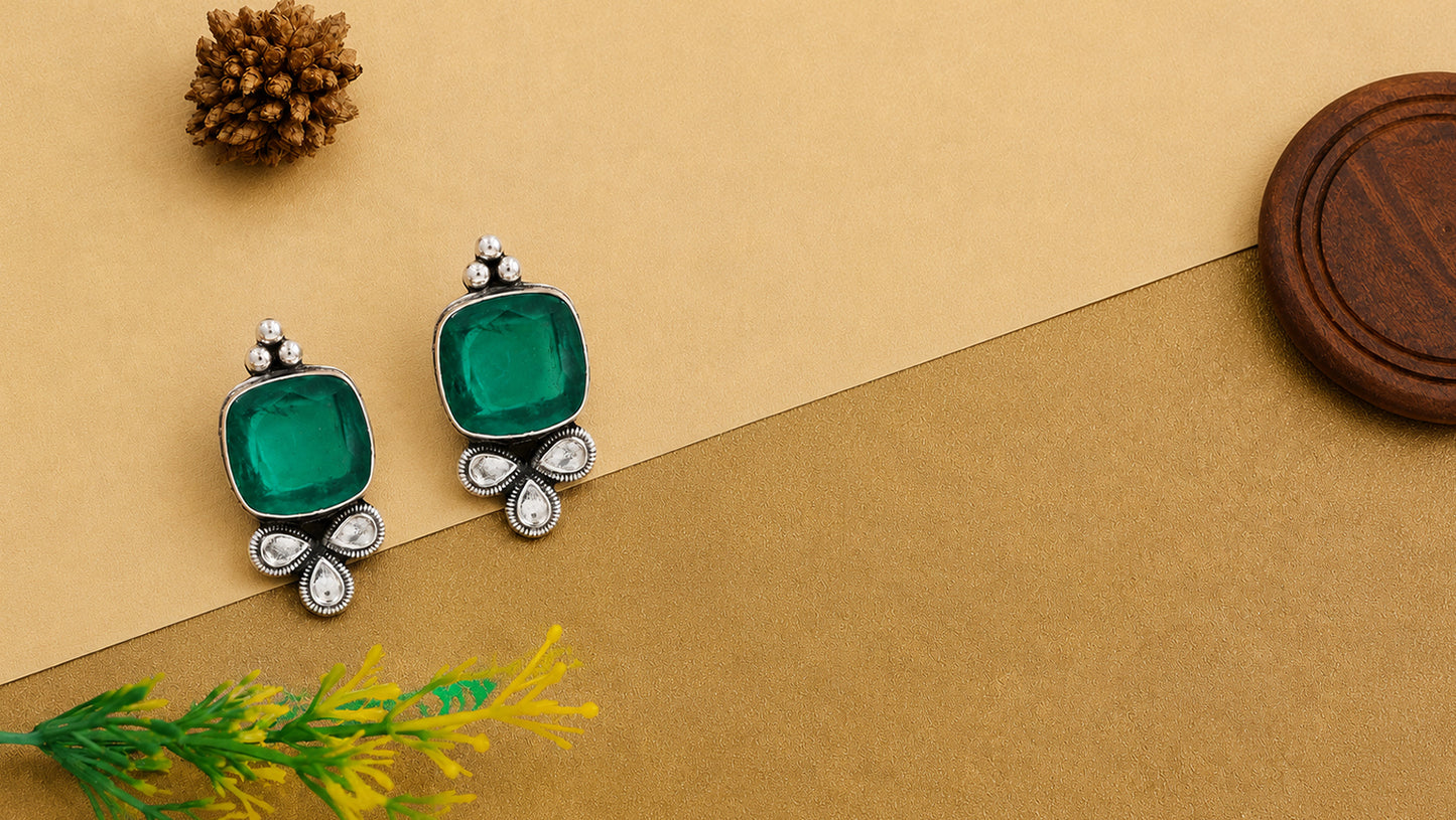 Sangeeta Boochra Handcrafted Silver Stud Earrings with Green Gemstone