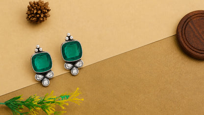 Sangeeta Boochra Handcrafted Silver Stud Earrings with Green Gemstone