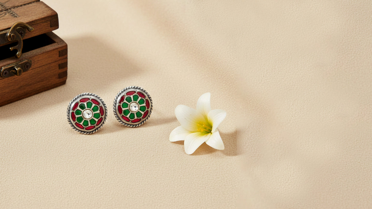 Sangeeta Boochra Green-Red Floral Kundan Silver Studs