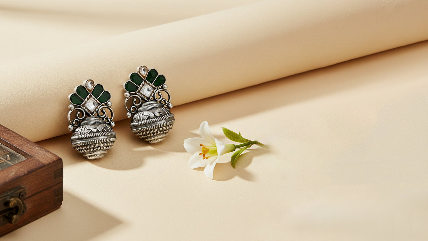 Sangeeta Boochra Green Kundan Floral Oxidised Silver Earrings