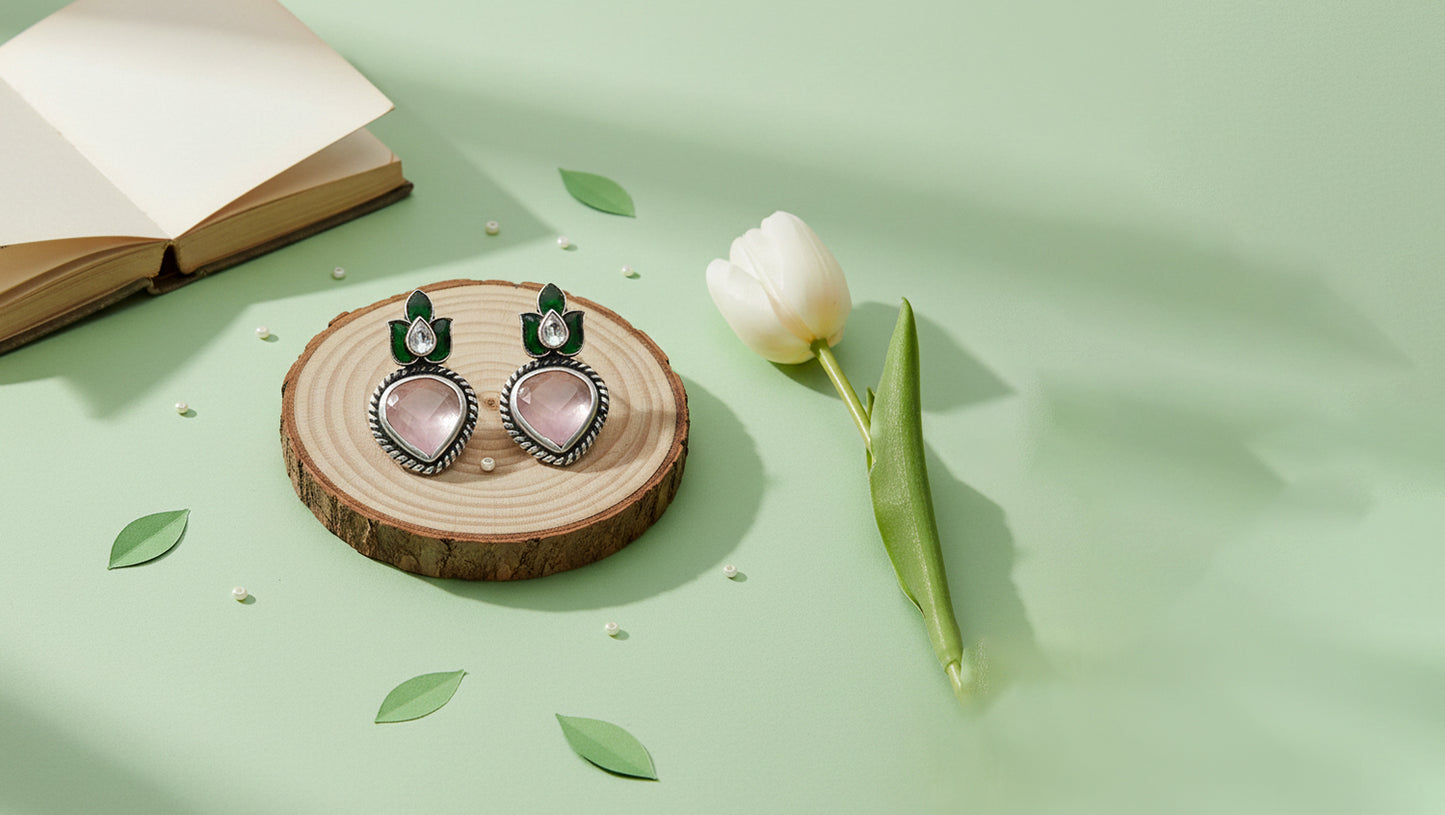 Sangeeta Boochra Heritage Silver Pink Teardrop Earrings
