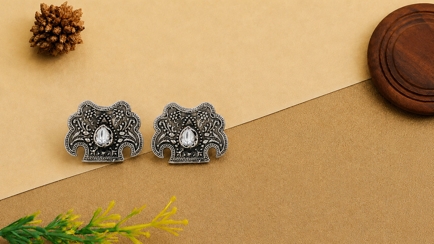Sangeeta Boochra Handcrafted Oxidised Sterling Silver Heritage Stud Earrings