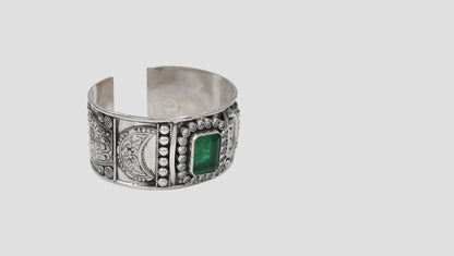 Sangeeta Boochra Classic Silver Hand Cuff with Green Center Stone