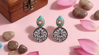 Sangeeta Boochra Handcrafted Turquoise Stone Disc Earrings in 925 Silver