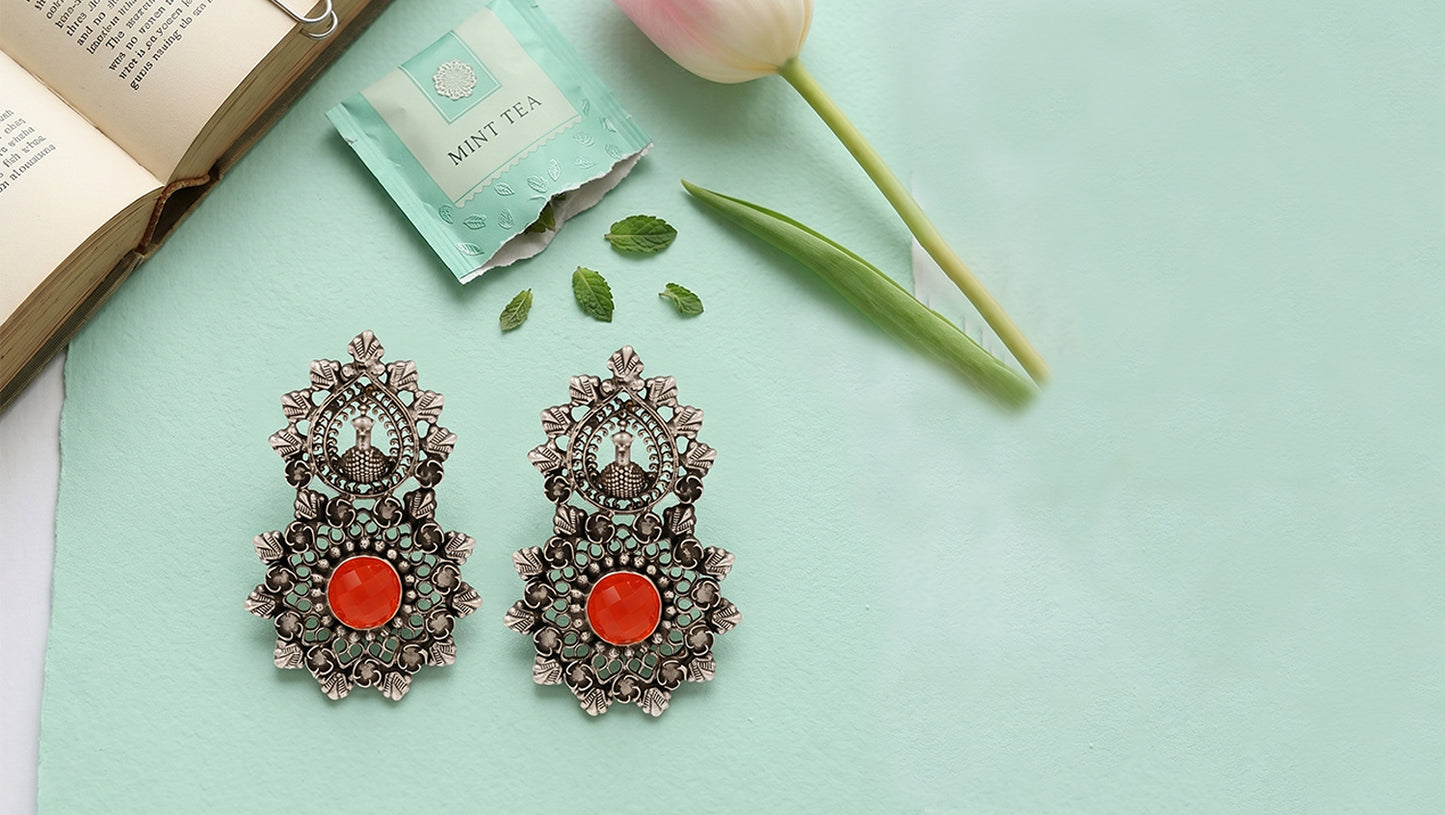 Sangeeta Boochra Artisan Peacock Oxidised Silver Statement Earrings