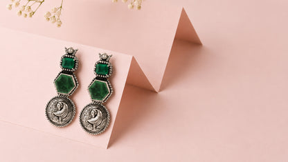 Sangeeta Boochra Signature Silver Peacock Motif Earrings with Green Gemstone Detailing
