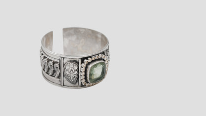 Sangeeta Boochra Green Stone Oxidised Silver Statement Cuff