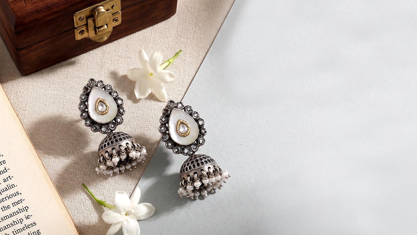 Sangeeta Boochra Handcrafted Mother of Pearl Oxidised Earrings