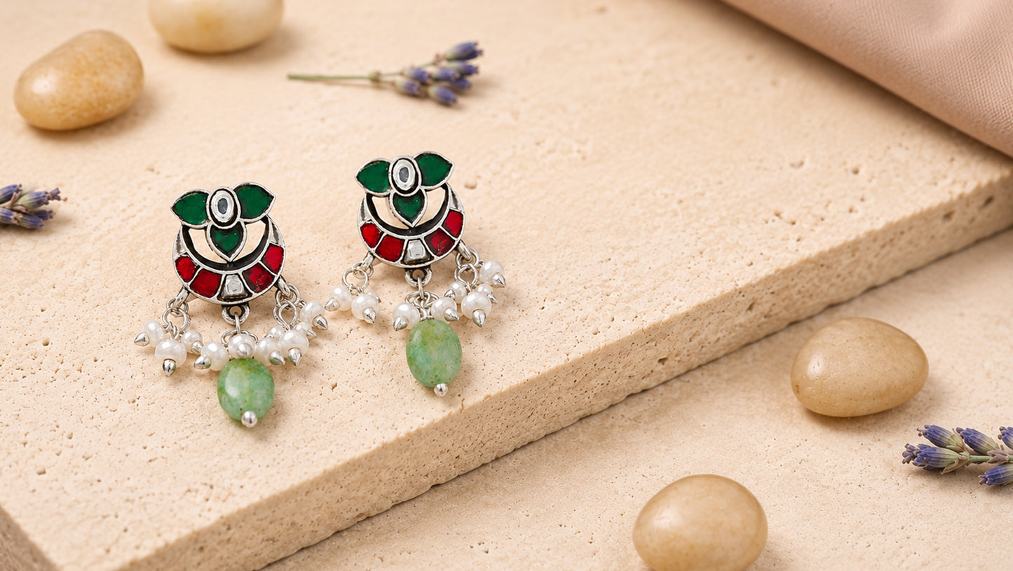 Sangeeta Boochra Silver Kundan Stud Earrings with Pearl Tassels & Green Bead Drop