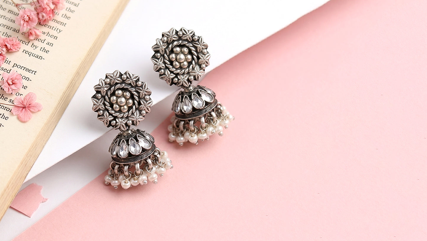 Floral Pearl Oxidised Silver Jhumka Earrings