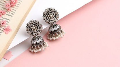 Floral Pearl Oxidised Silver Jhumka Earrings