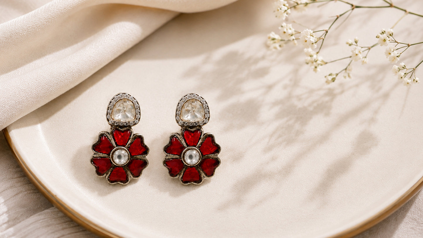 Sangeeta Boochra Sterling Silver Moissanite & Red Kundan Statement Earrings