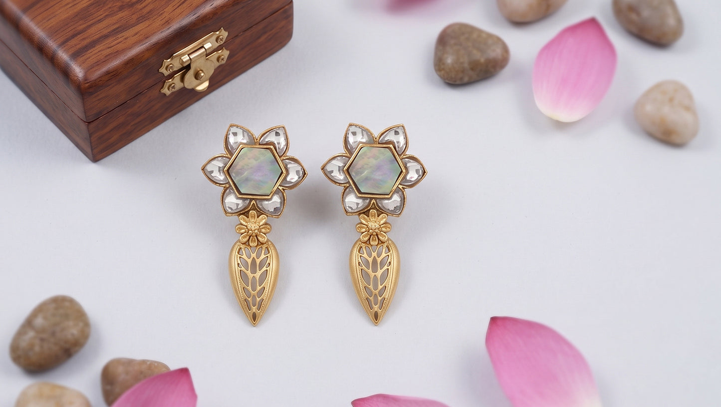 Sangeeta Boochra Handcrafted Gold Plated Silver Floral Earrings with White Kundan & MOP Detailing