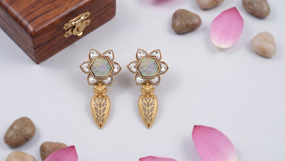 Sangeeta Boochra Handcrafted Gold Plated Silver Floral Earrings with White Kundan & MOP Detailing