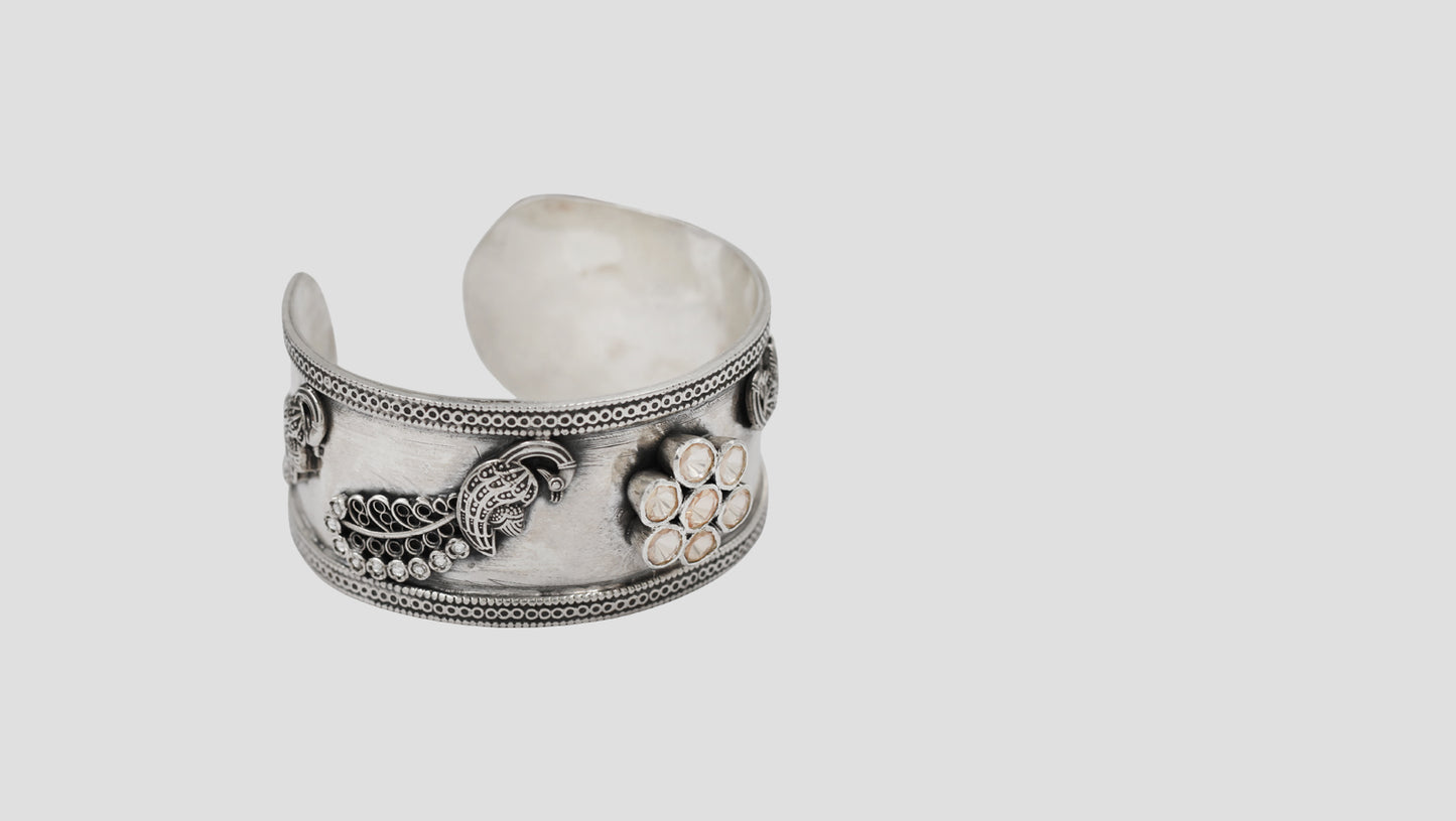 Sangeeta Boochra Peacock Motif Oxidised Silver Statement Cuff