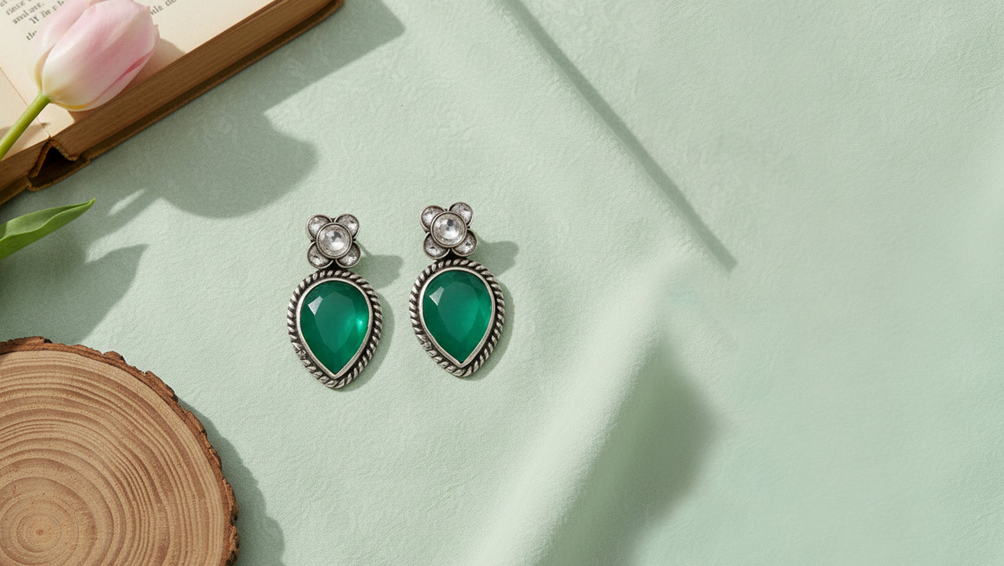 Sangeeta Boochra Artisan Silver Floral Green Statement Earrings