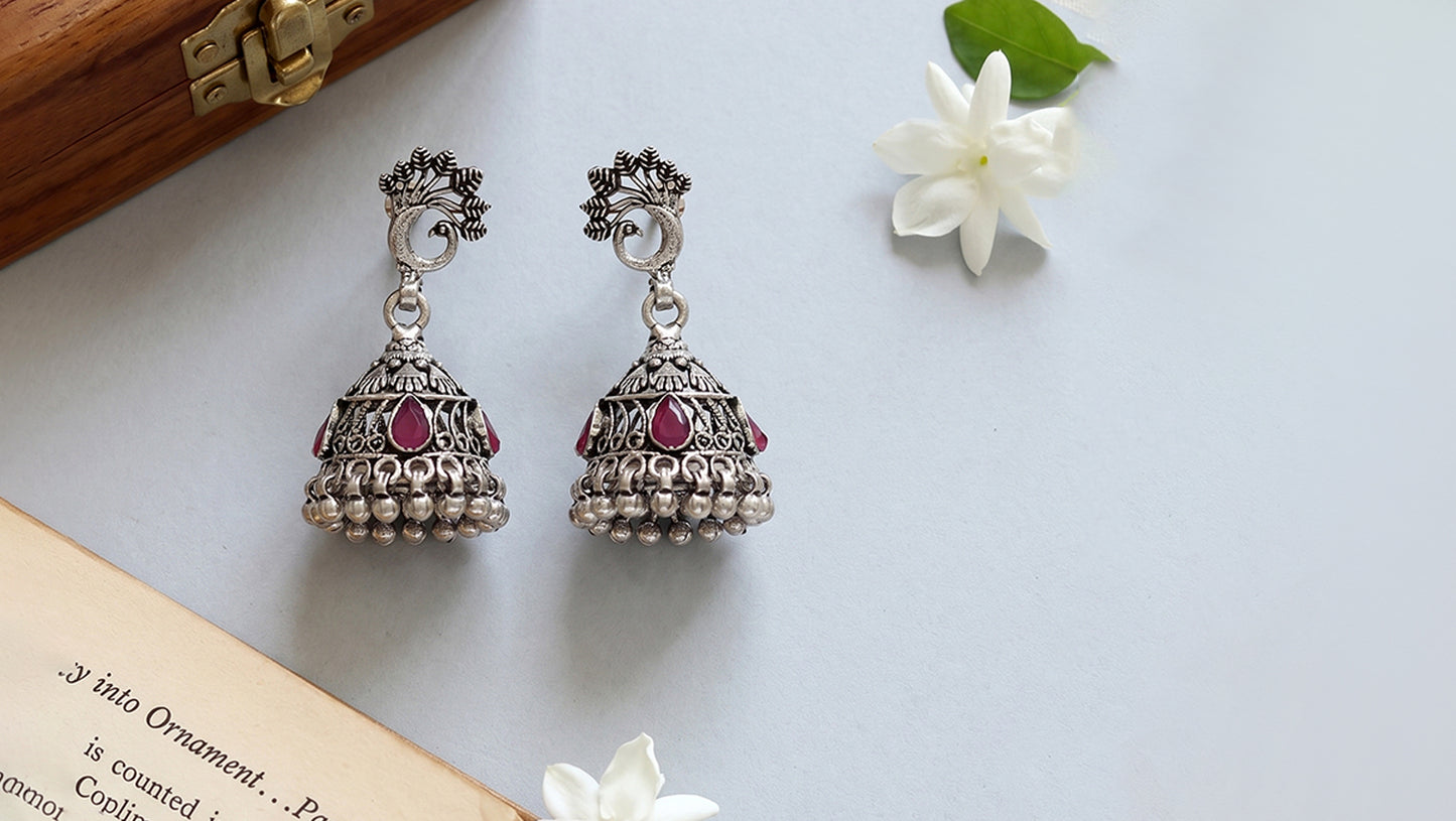 Sangeeta Boochra Vintage Peacock Motif Oxidised Silver Statement Earrings