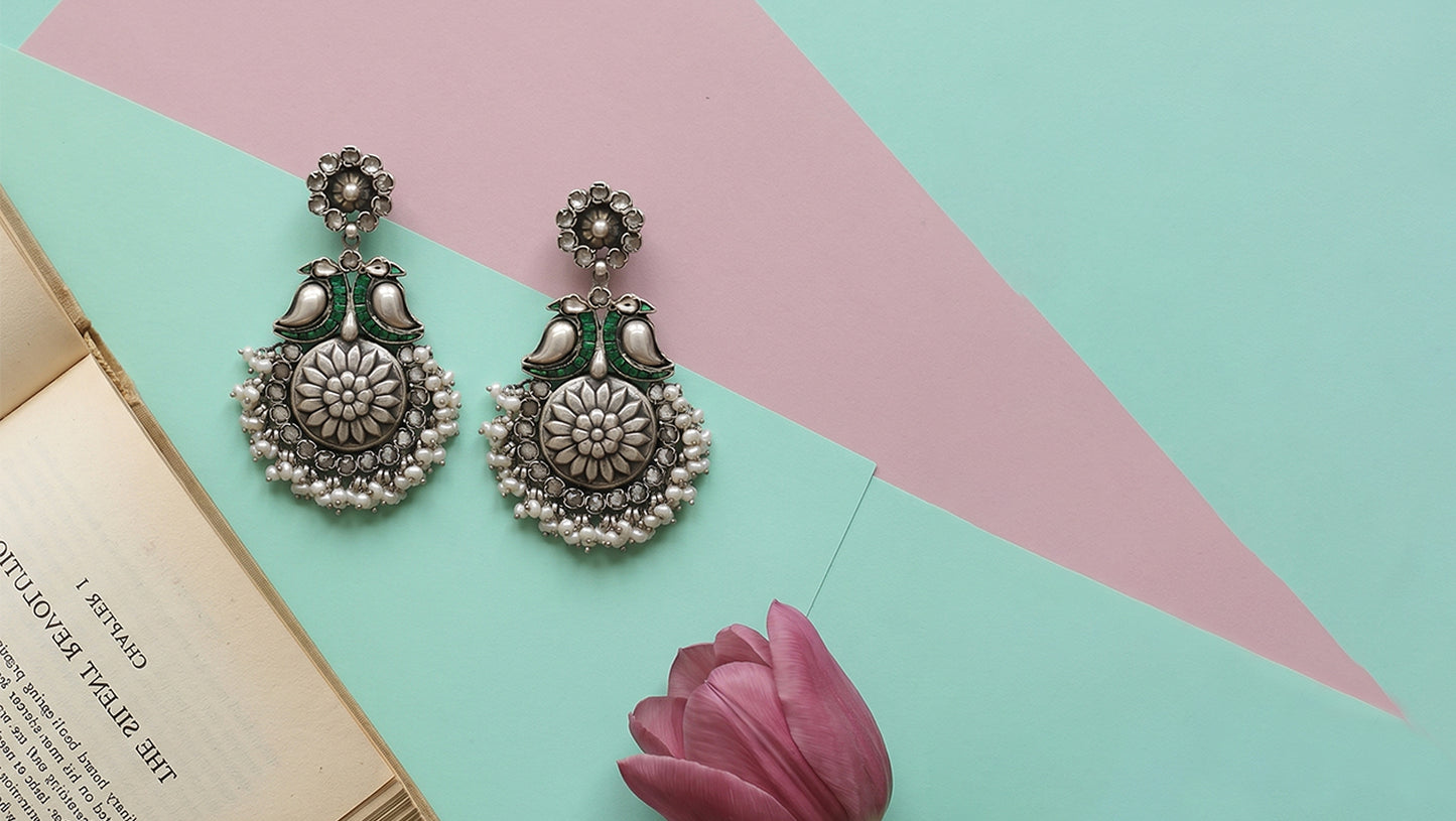 Sangeeta Boochra Handcrafted Bird Motif Oxidised Silver Earrings
