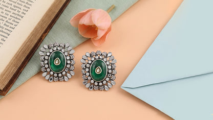 Sangeeta Boochra Royal Green Stone Floral Silver Earrings