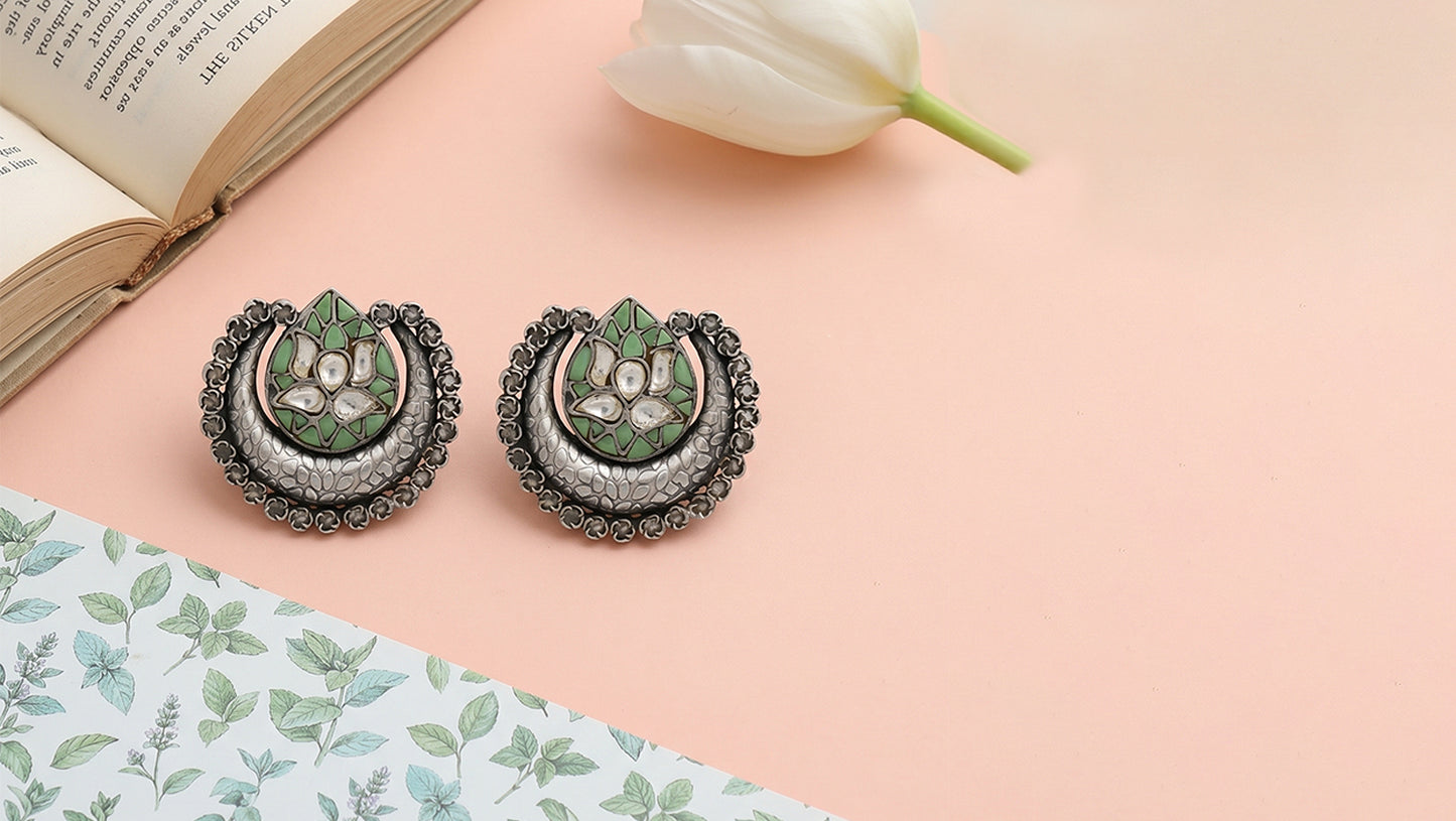 Sangeeta Boochra Heritage Lotus Oxidised Silver Earrings