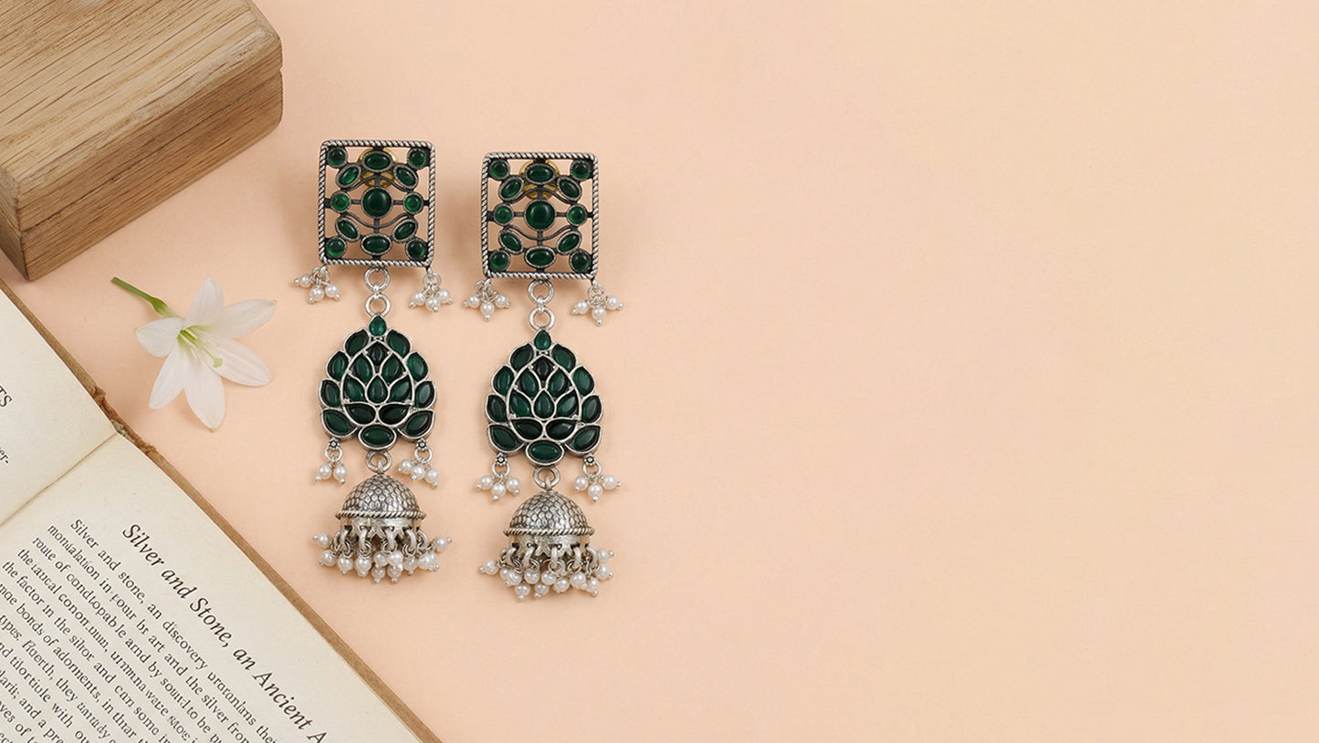 Sangeeta Boochra Royal Green Kundan Silver Statement Jhumkas