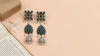Sangeeta Boochra Royal Green Kundan Silver Statement Jhumkas