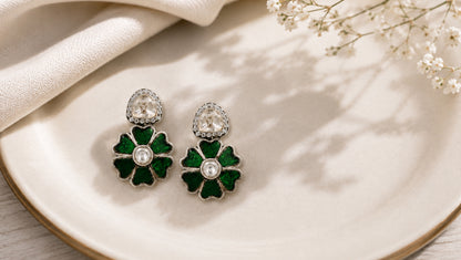 Sangeeta Boochra Moissanite & Green Kundan Floral Silver Earrings