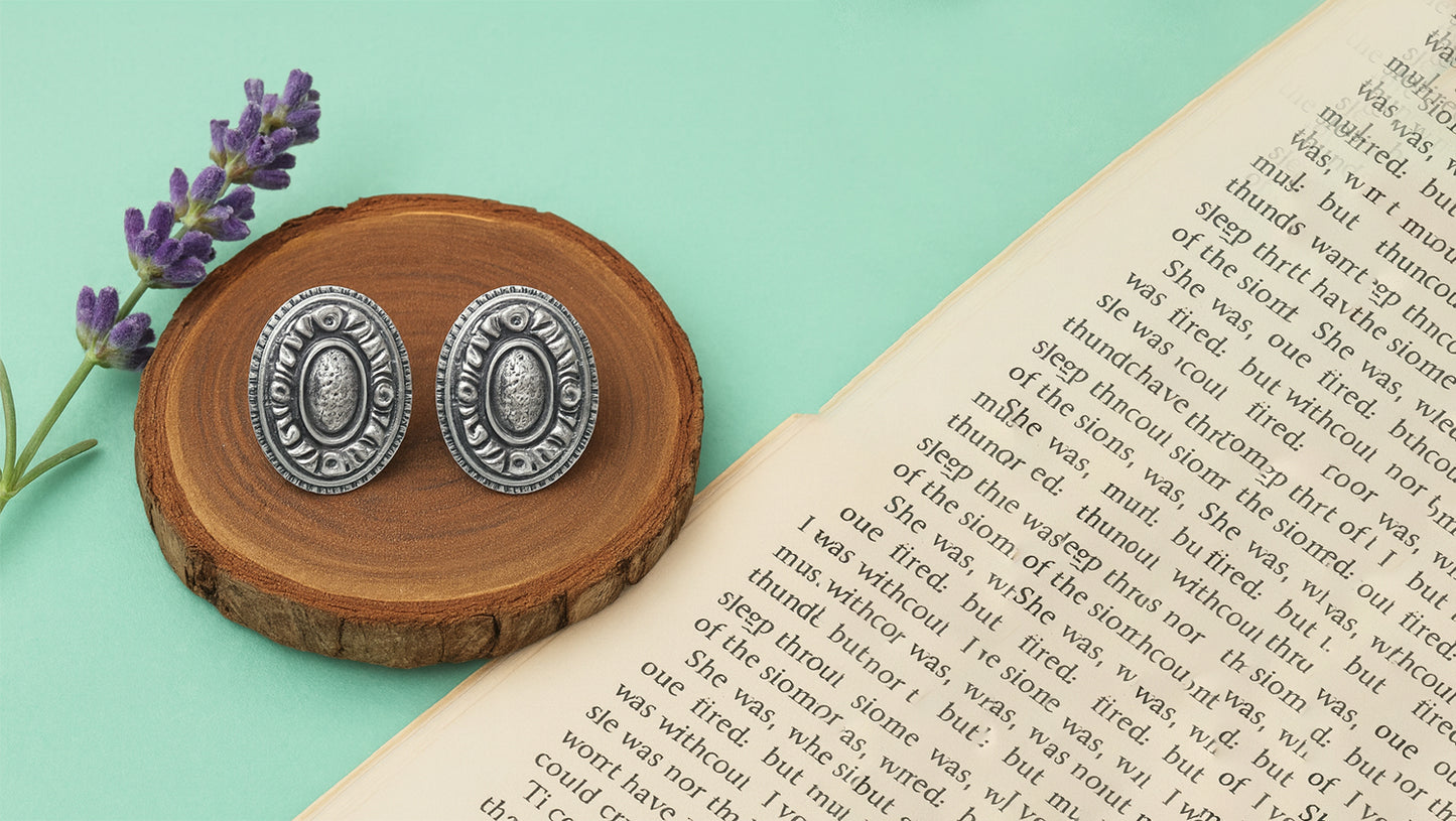 Rustic Charm Oxidised Silver Oval Studs