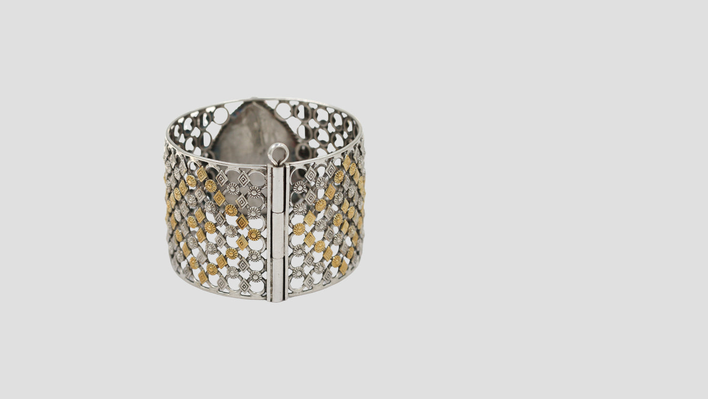 Sangeeta Boochra Statement Silver Bangle with Gold Accents & Floral Motif