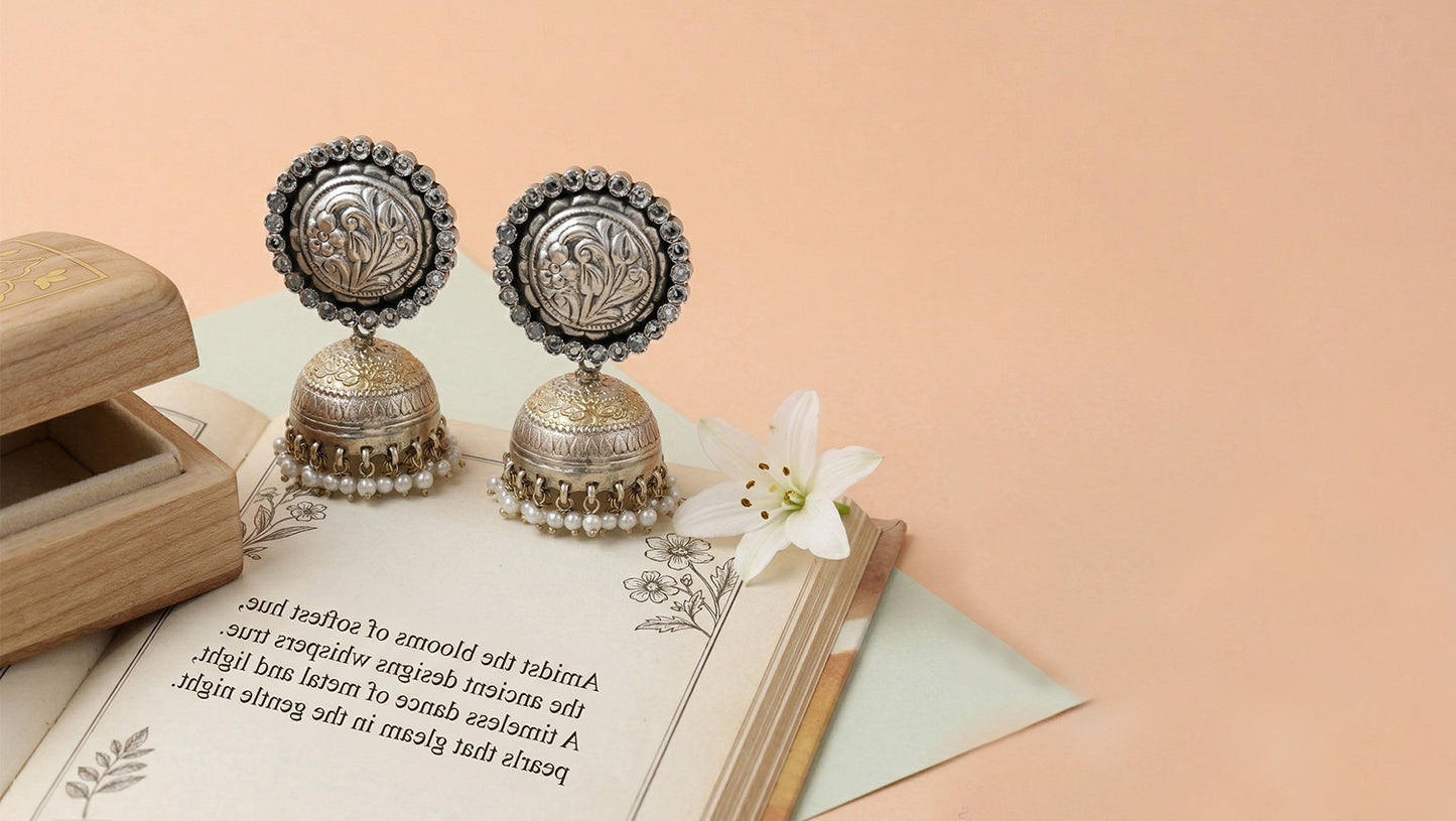 Sangeeta Boochra Heritage Dual-Plated Silver Jhumka Earrings with Pearls