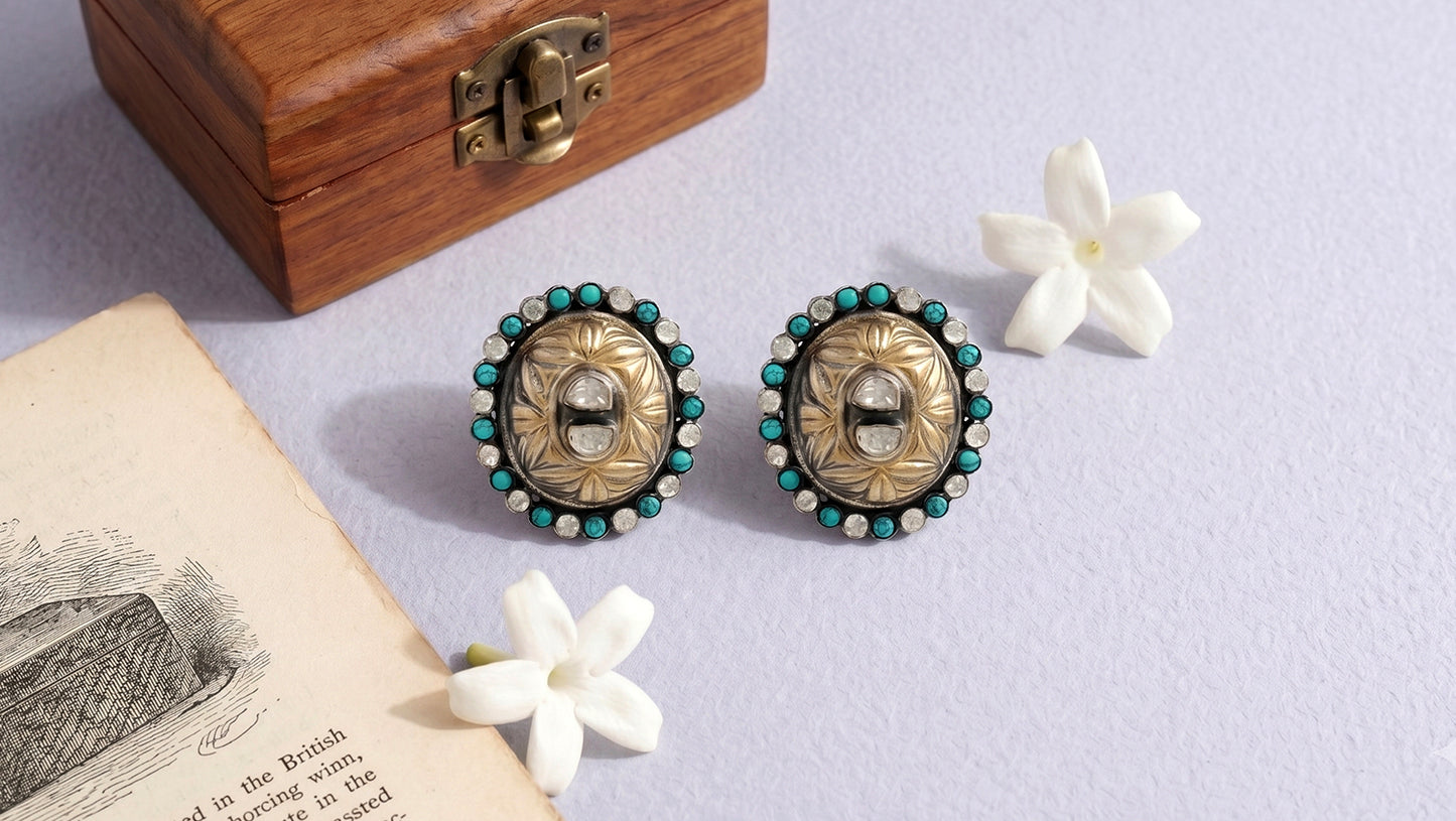 Sangeeta Boochra Dual Tone Oval Moissanite and Turquoise Silver Stud