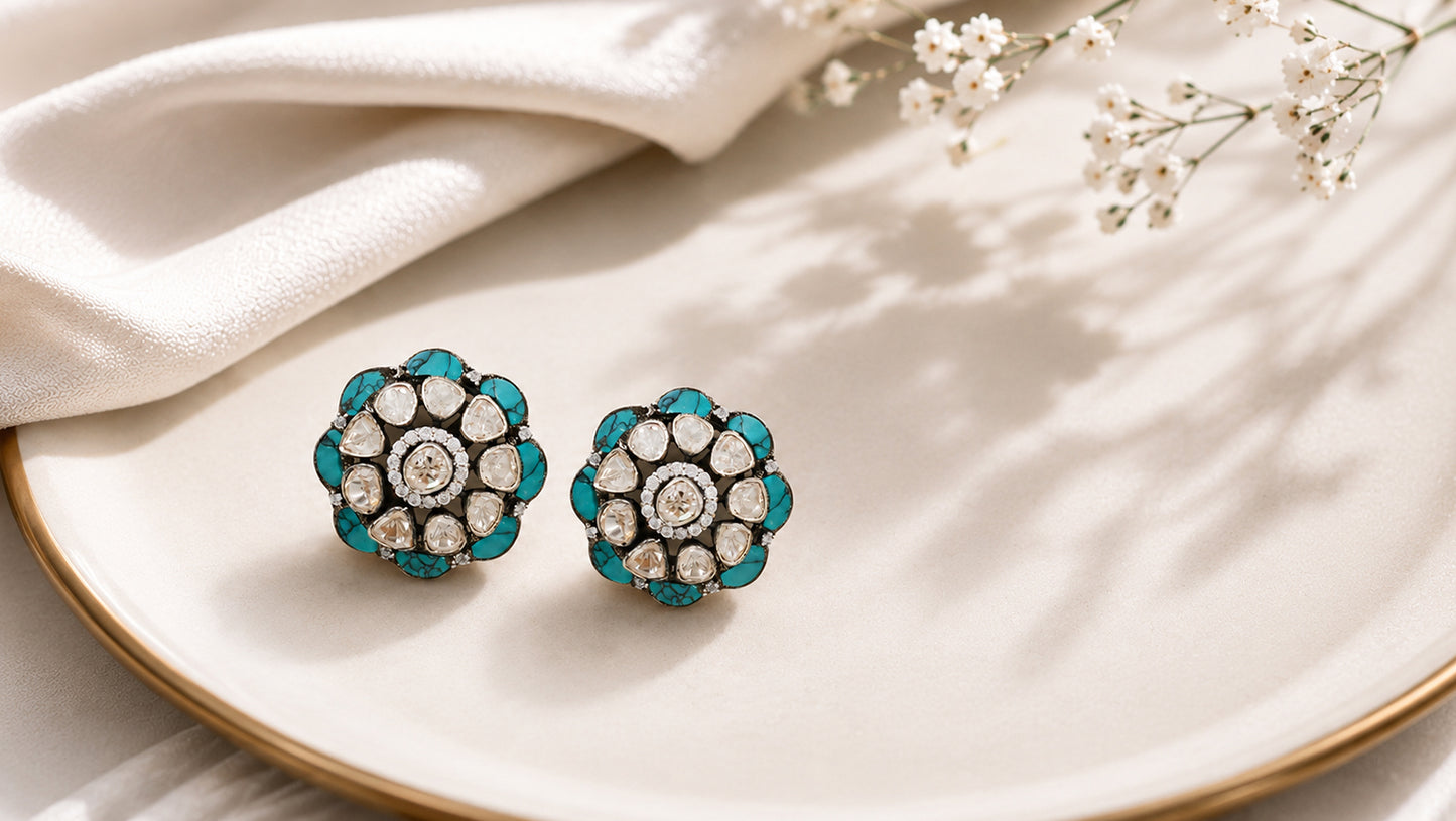 Sangeeta Boochra Turquoise & Moissanite Floral Silver Stud Earrings