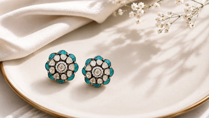 Sangeeta Boochra Turquoise & Moissanite Floral Silver Stud Earrings