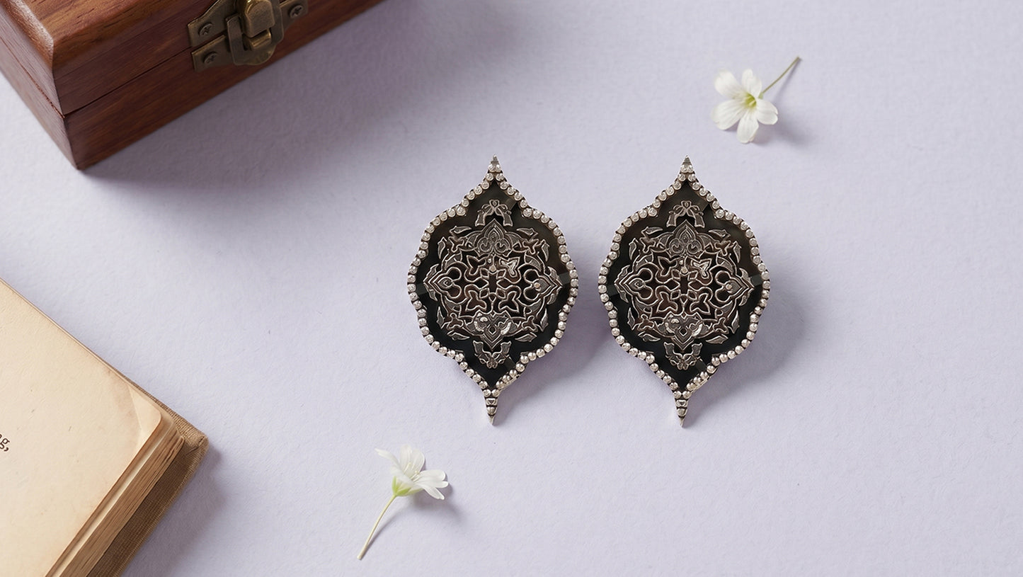 Sangeeta Boochra Intricate Floral Oxidised Silver Stud Earrings