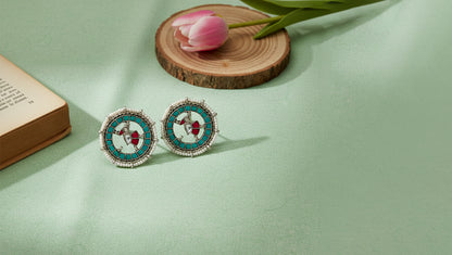Sangeeta Boochra Tribal Circular Silver Earrings with Turquoise & Red Stone