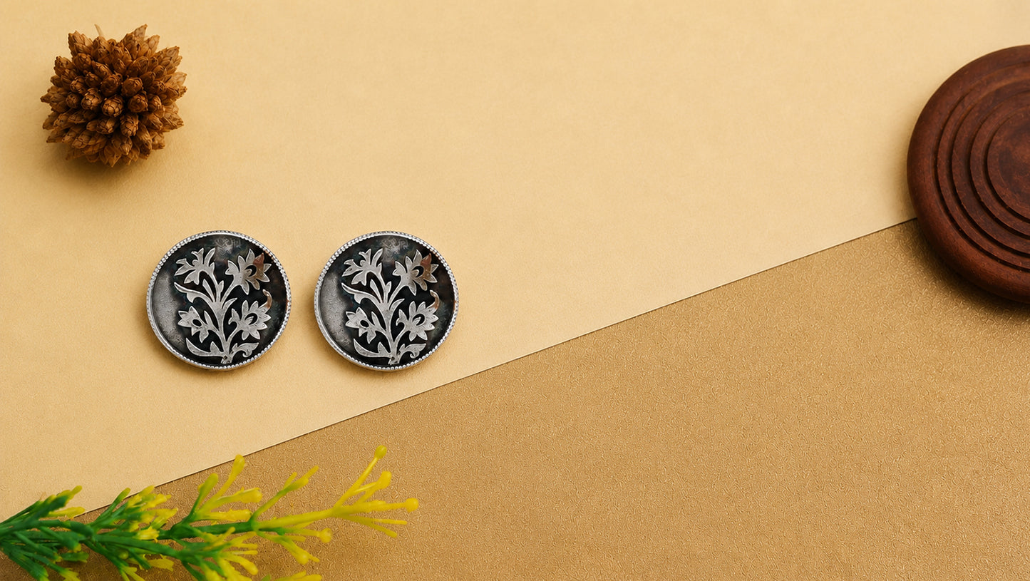Sangeeta Boochra Handcrafted Oxidised Silver Round Floral Stud Earrings