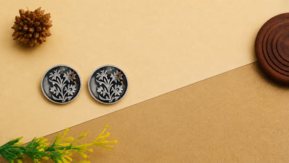 Sangeeta Boochra Handcrafted Oxidised Silver Round Floral Stud Earrings