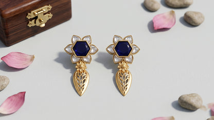 Sangeeta Boochra Handcrafted Gold Plated Silver Floral Statement Earrings with Kundan Detailing