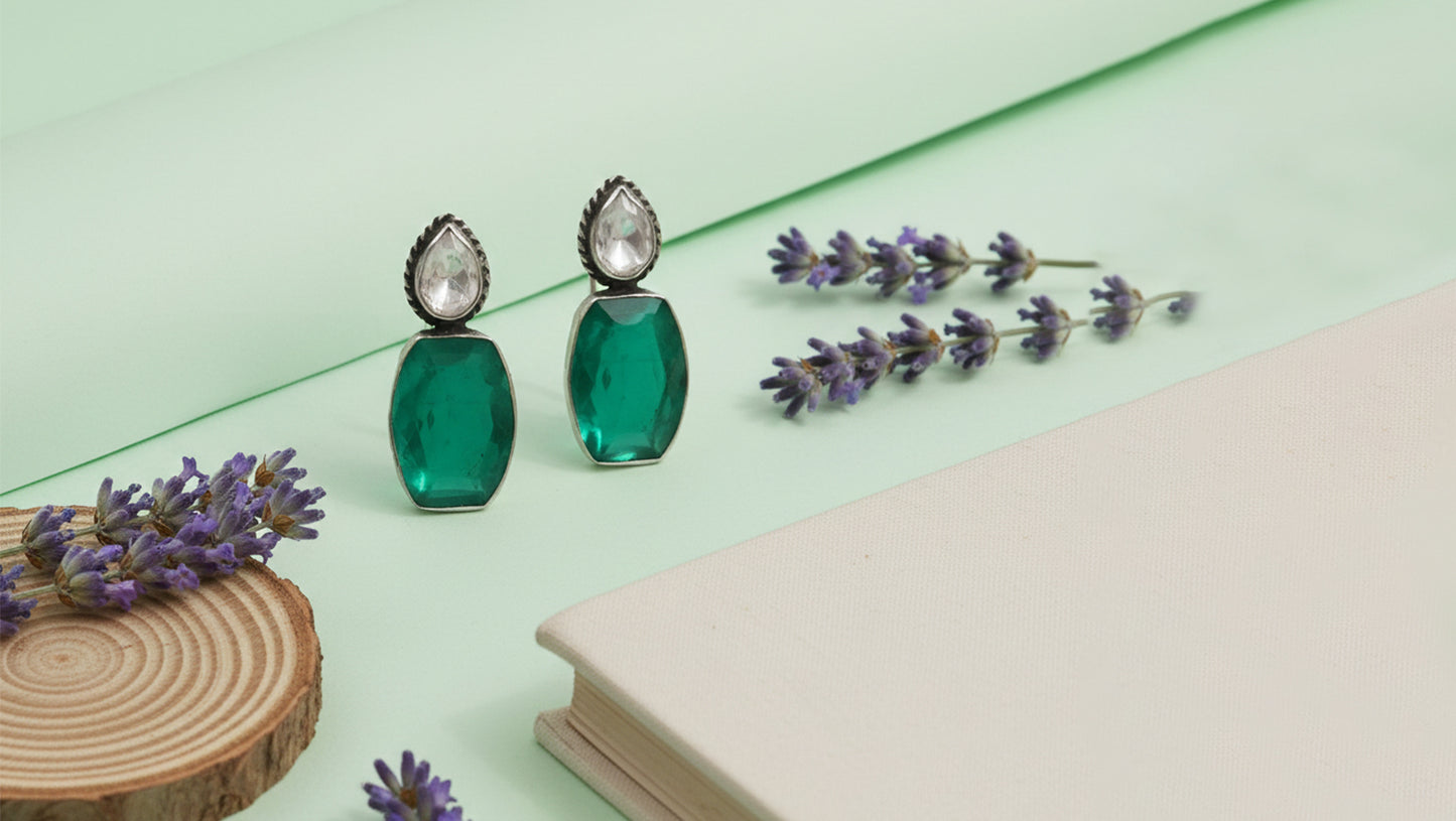 Sangeeta Boochra Classic Green Drop Silver Earrings